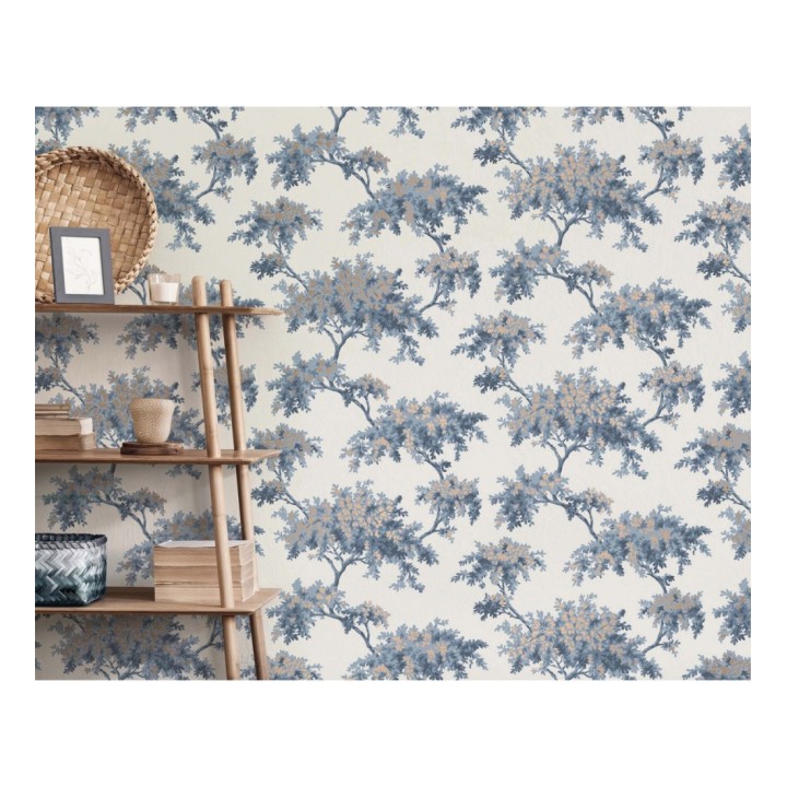 Papel pintado de árboles color mate con algunas hojas con efecto nácar - Elwood 681211