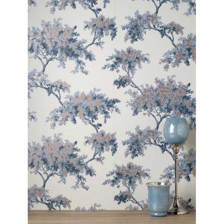 Papel pintado de árboles color mate con algunas hojas con efecto nácar - Elwood 681211