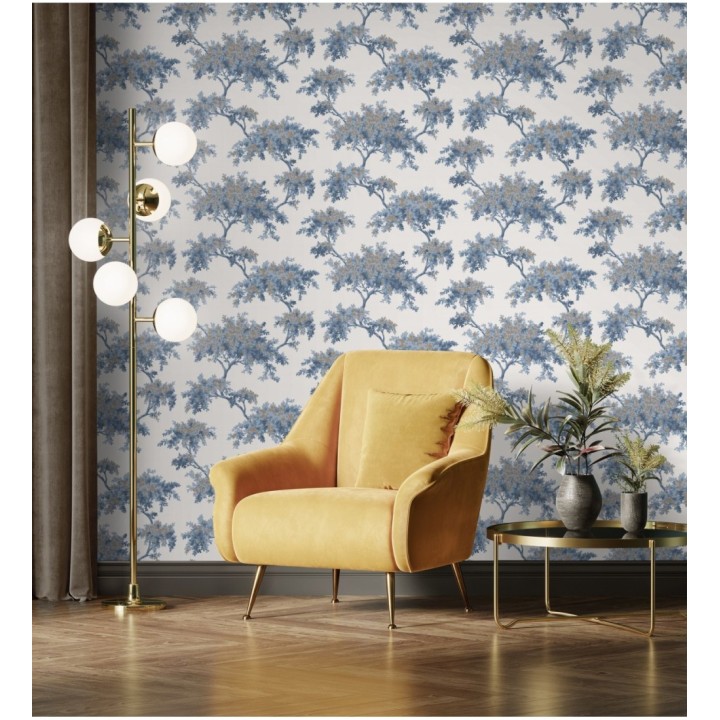 Papel pintado de árboles color mate con algunas hojas con efecto nácar - Elwood 681211