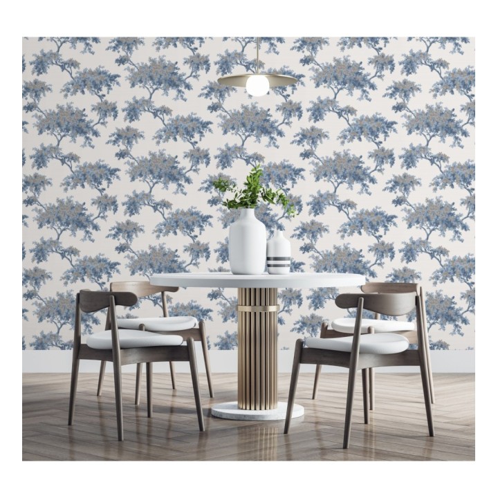 Papel pintado de árboles color mate con algunas hojas con efecto nácar - Elwood 681211