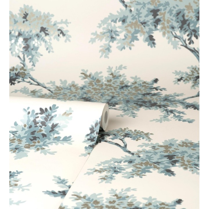 Papel pintado de árboles color mate con algunas hojas con efecto nácar - Elwood 681212