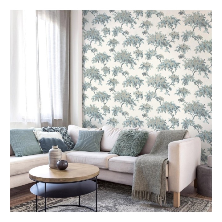 Papel pintado de árboles color mate con algunas hojas con efecto nácar - Elwood 681212