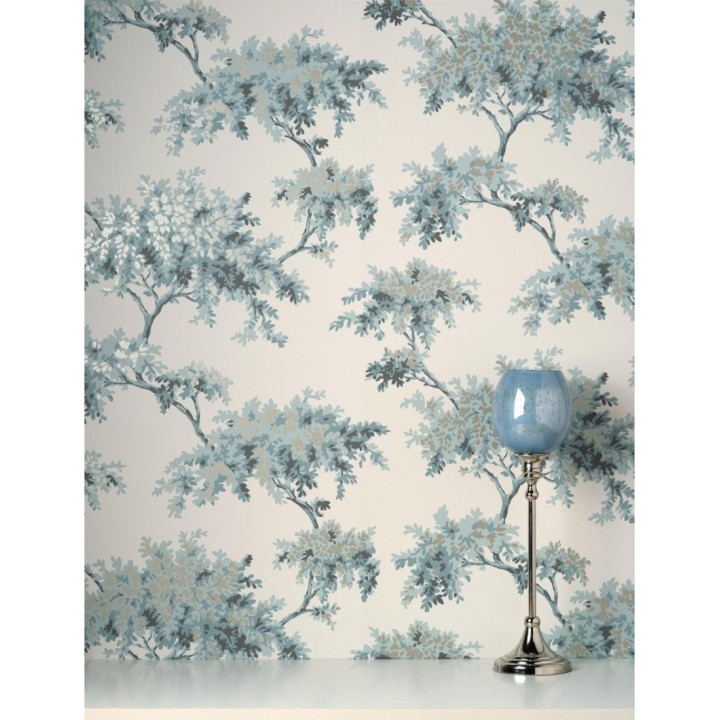 Papel pintado de árboles color mate con algunas hojas con efecto nácar - Elwood 681212