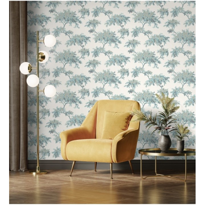 Papel pintado de árboles color mate con algunas hojas con efecto nácar - Elwood 681212