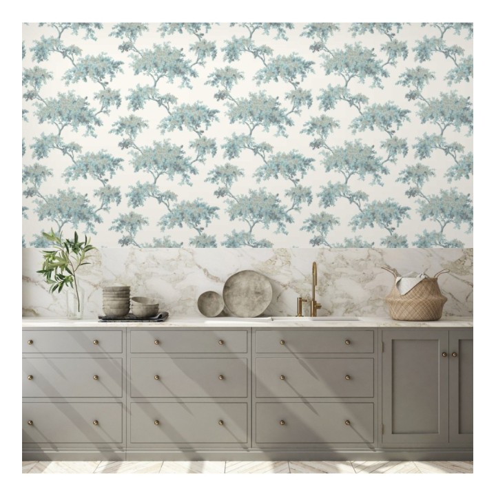 Papel pintado de árboles color mate con algunas hojas con efecto nácar - Elwood 681212