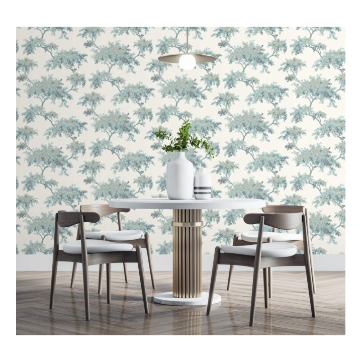 Papel pintado de árboles color mate con algunas hojas con efecto nácar - Elwood 681212