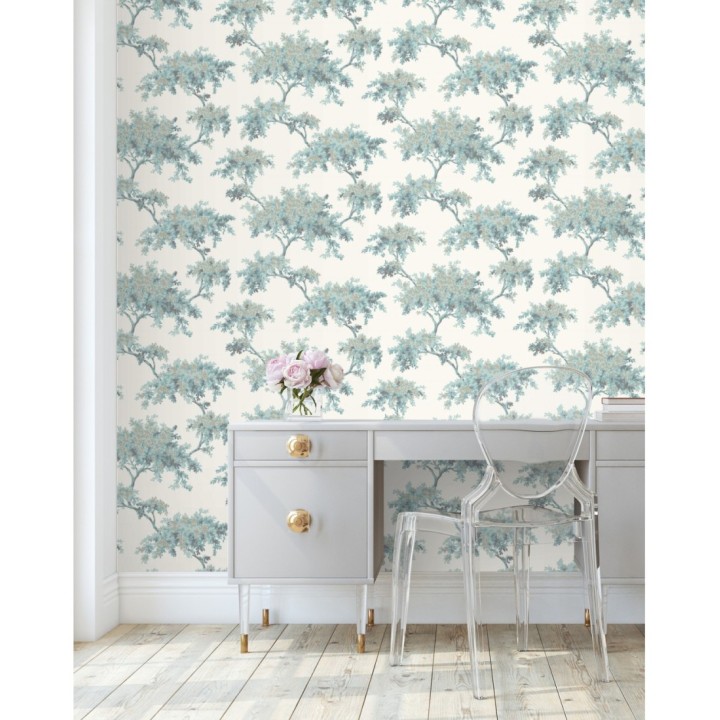 Papel pintado de árboles color mate con algunas hojas con efecto nácar - Elwood 681212