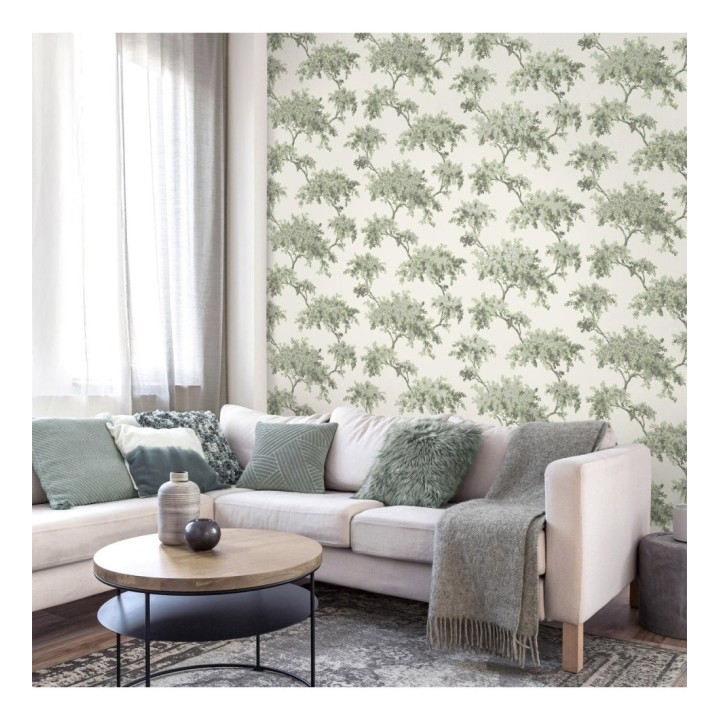 Papel pintado de árboles color mate con algunas hojas con efecto nácar - Elwood 681213