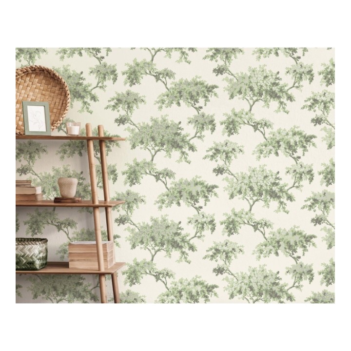 Papel pintado de árboles color mate con algunas hojas con efecto nácar - Elwood 681213