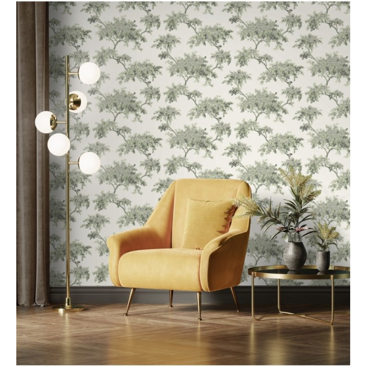 Papel pintado de árboles color mate con algunas hojas con efecto nácar - Elwood 681213