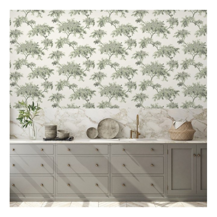 Papel pintado de árboles color mate con algunas hojas con efecto nácar - Elwood 681213