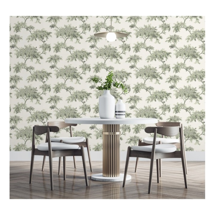 Papel pintado de árboles color mate con algunas hojas con efecto nácar - Elwood 681213