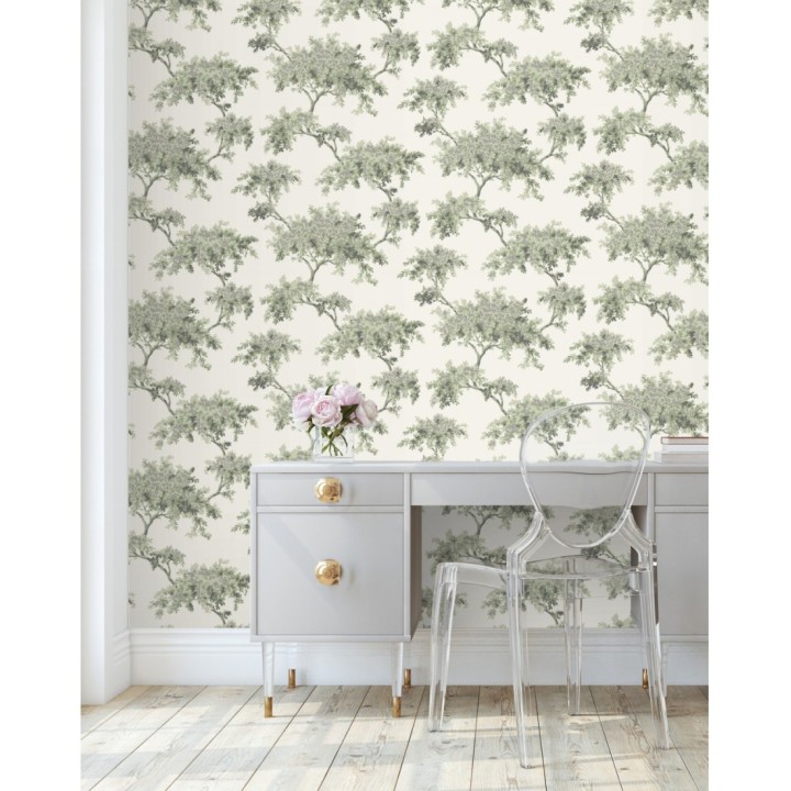 Papel pintado de árboles color mate con algunas hojas con efecto nácar - Elwood 681213