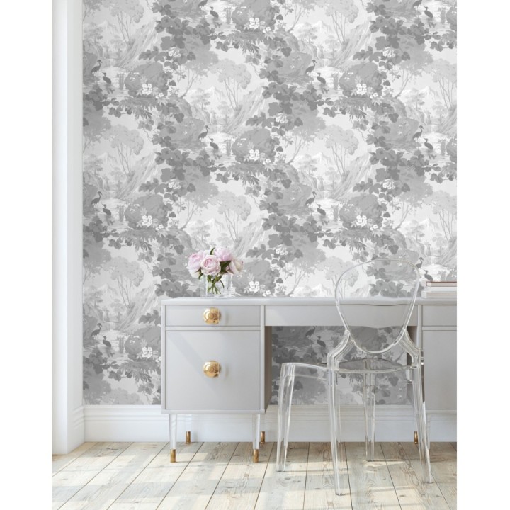 Papel pintado jardín japonés con árboles y aves - Xiamen Garden 681216