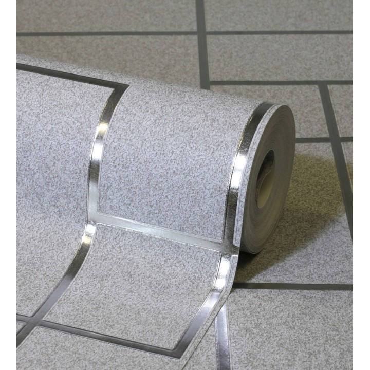 Papel pintado geométrico de líneas plata metalizadas fondo gris claro mate estilo Art Decó - Goutier 681254