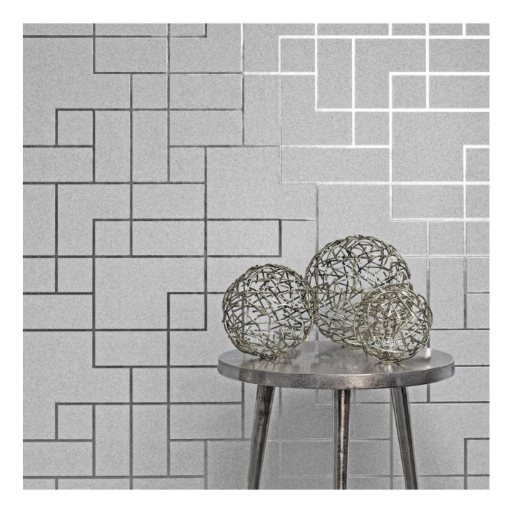 Papel pintado geométrico de líneas plata metalizadas fondo gris claro mate estilo Art Decó - Goutier 681254