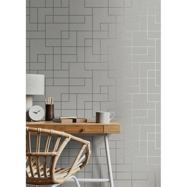 Papel pintado geométrico de líneas plata metalizadas fondo gris claro mate estilo Art Decó - Goutier 681254