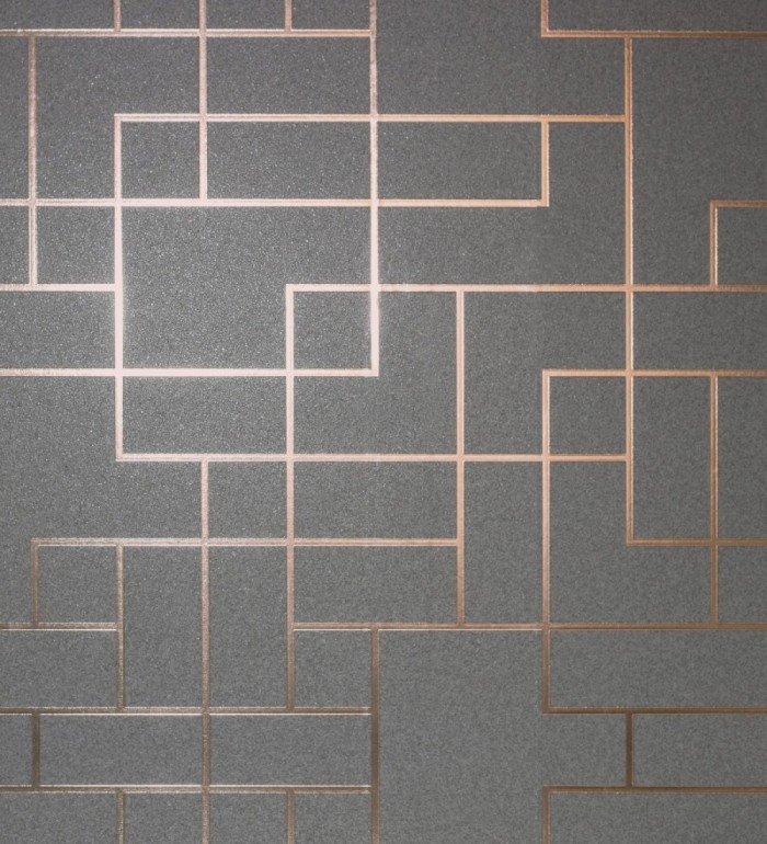 Papel pintado geométrico de líneas cobre metalizadas fondo gris oscuro mate estilo Art Decó - Goutier 681255