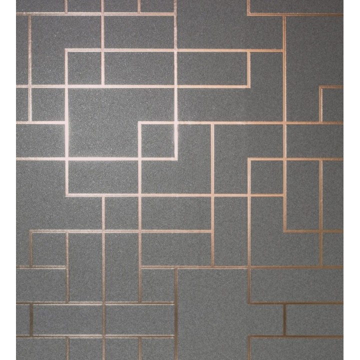 Papel pintado geométrico de líneas cobre metalizadas fondo gris oscuro mate estilo Art Decó - Goutier 681255