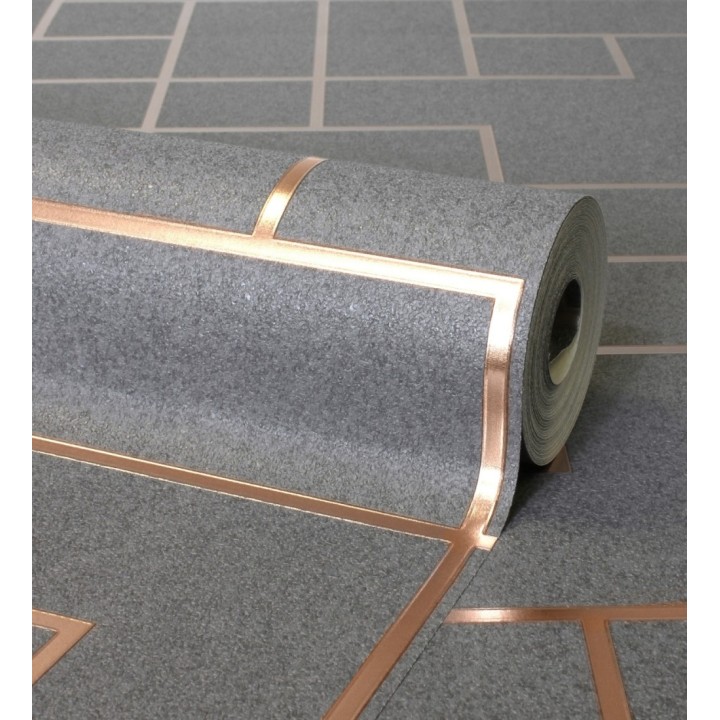 Papel pintado geométrico de líneas cobre metalizadas fondo gris oscuro mate estilo Art Decó - Goutier 681255