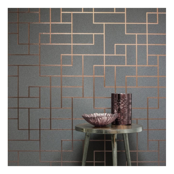 Papel pintado geométrico de líneas cobre metalizadas fondo gris oscuro mate estilo Art Decó - Goutier 681255