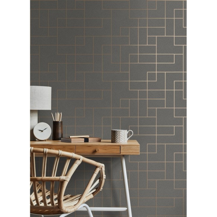 Papel pintado geométrico de líneas cobre metalizadas fondo gris oscuro mate estilo Art Decó - Goutier 681255