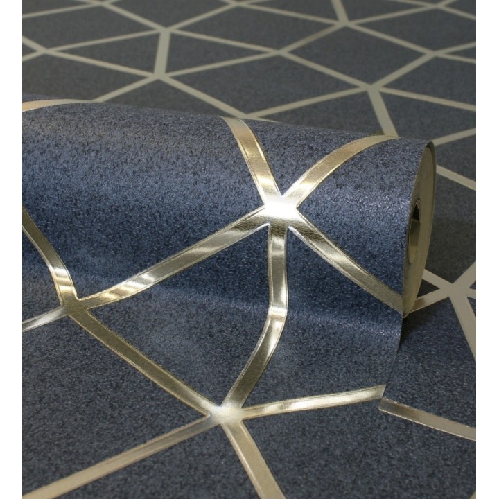 Papel pintado geométrico de líneas metalizadas fondo azul prusia mate estilo Art Decó - Tallis Reflection 681256