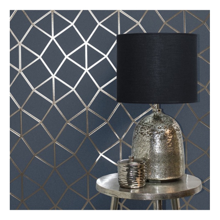 Papel pintado geométrico de líneas metalizadas fondo azul prusia mate estilo Art Decó - Tallis Reflection 681256