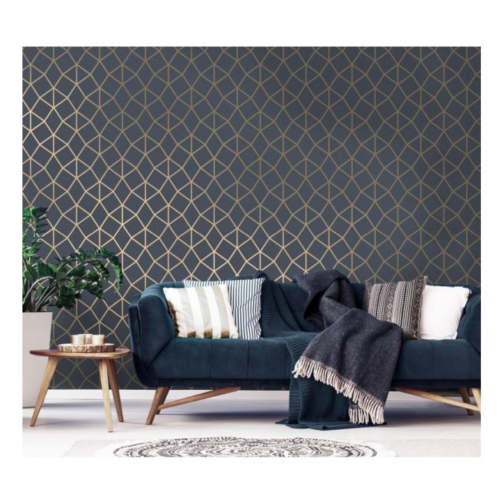 Papel pintado geométrico de líneas metalizadas fondo azul prusia mate estilo Art Decó - Tallis Reflection 681256