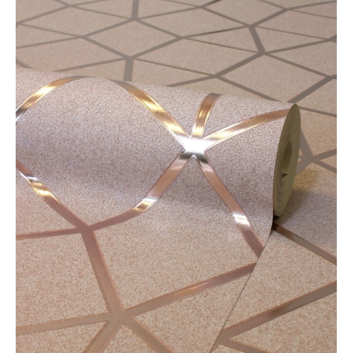 Papel pintado geométrico de líneas metalizadas fondo beige rosado mate estilo Art Decó - Tallis Reflection 681257
