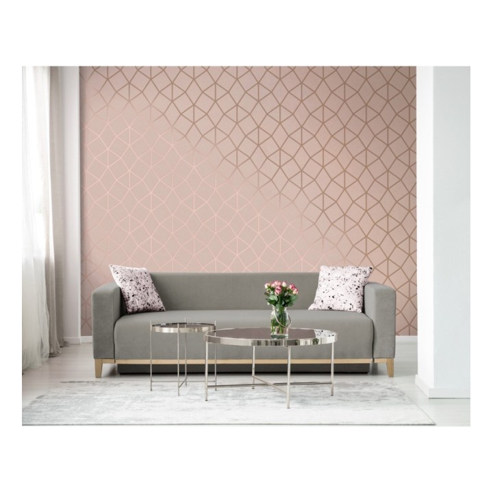 Papel pintado geométrico de líneas metalizadas fondo beige rosado mate estilo Art Decó - Tallis Reflection 681257