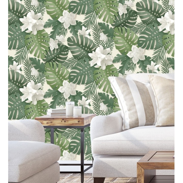 Papel pintado de hojas y flores tropicales - Tahiti Leaves 681280