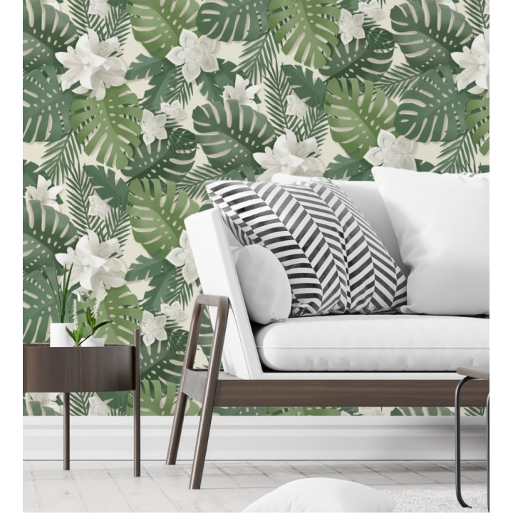 Papel pintado de hojas y flores tropicales - Tahiti Leaves 681280