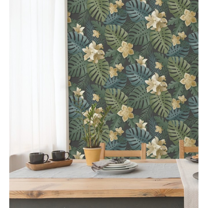 Papel pintado de hojas y flores tropicales - Tahiti Leaves 681281
