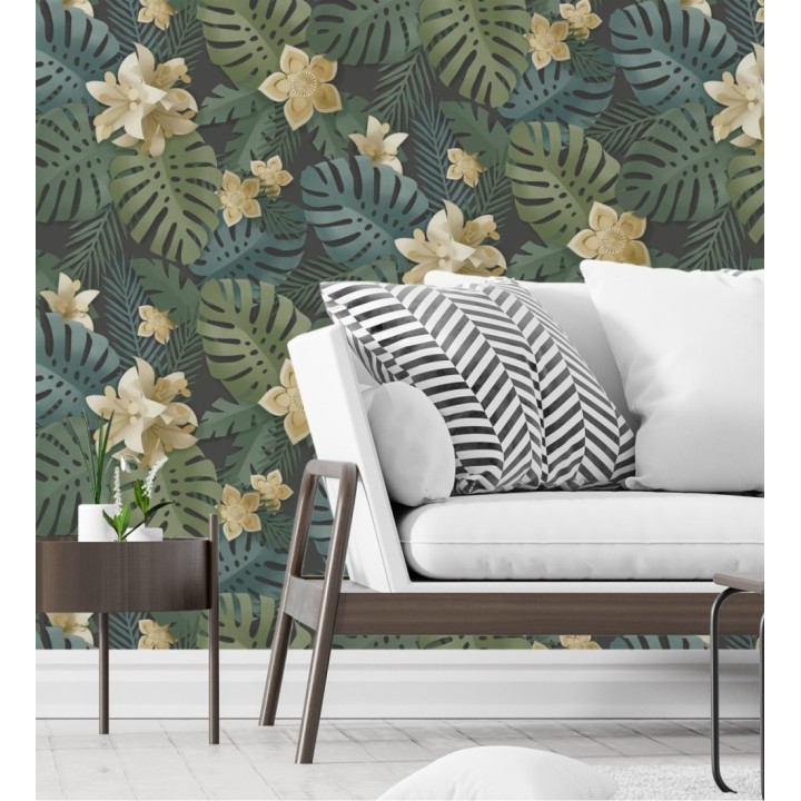 Papel pintado de hojas y flores tropicales - Tahiti Leaves 681281