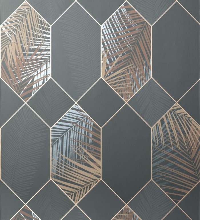 Papel pintado geométrico de hojas tropicales con líneas metalizado estilo Art Decó - Tropical Hive 681282