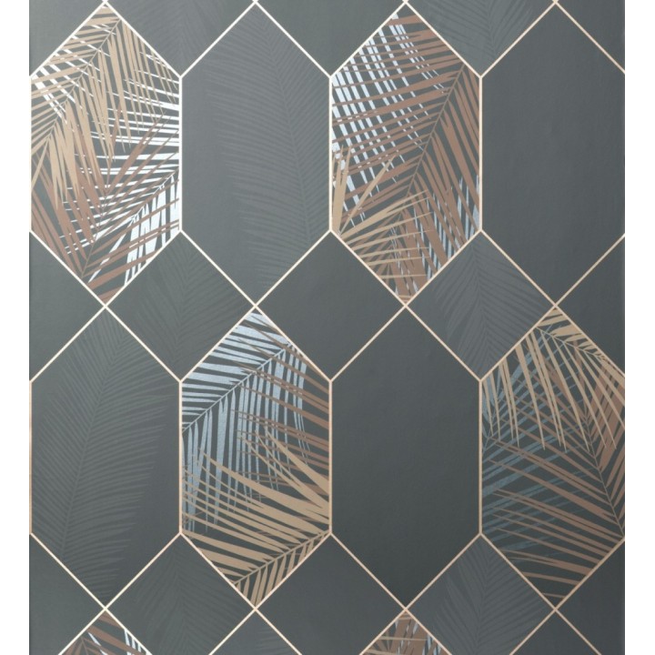 Papel pintado geométrico de hojas tropicales con líneas metalizado estilo Art Decó - Tropical Hive 681282