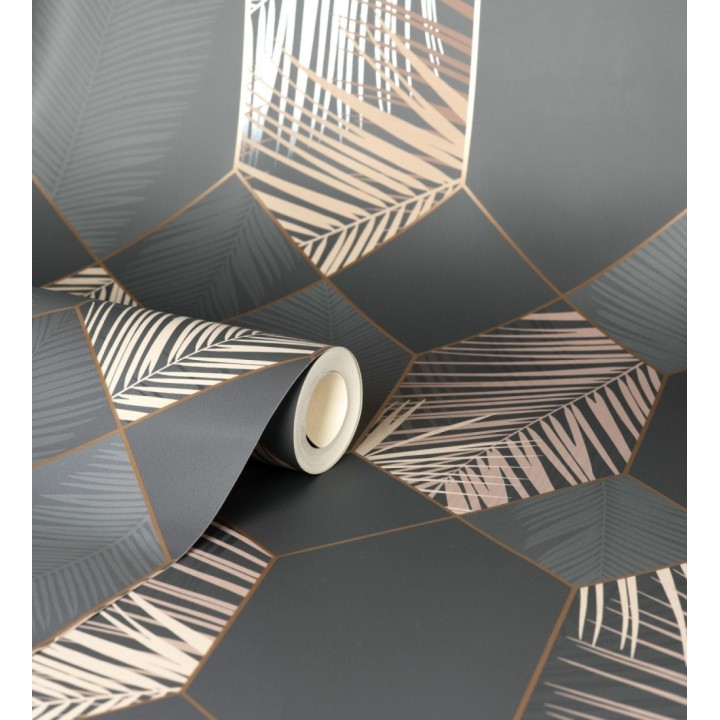 Papel pintado geométrico de hojas tropicales con líneas metalizado estilo Art Decó - Tropical Hive 681282