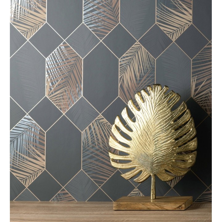 Papel pintado geométrico de hojas tropicales con líneas metalizado estilo Art Decó - Tropical Hive 681282