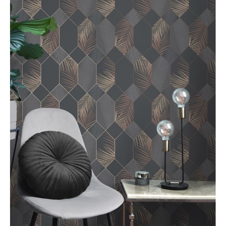 Papel pintado geométrico de hojas tropicales con líneas metalizado estilo Art Decó - Tropical Hive 681282