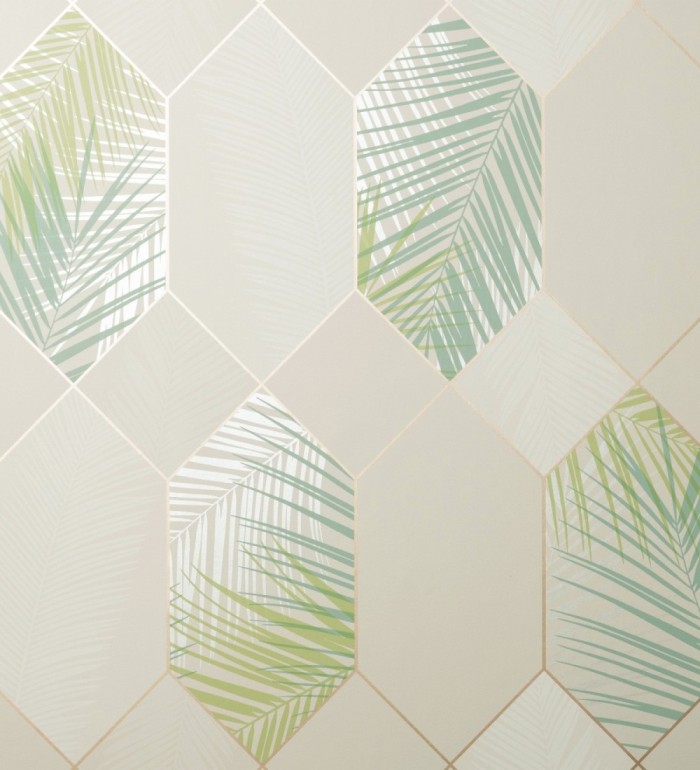 Papel pintado geométrico de hojas tropicales con líneas metalizado estilo Art Decó - Tropical Hive 681283