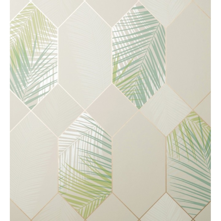 Papel pintado geométrico de hojas tropicales con líneas metalizado estilo Art Decó - Tropical Hive 681283