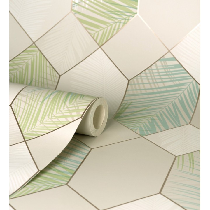 Papel pintado geométrico de hojas tropicales con líneas metalizado estilo Art Decó - Tropical Hive 681283