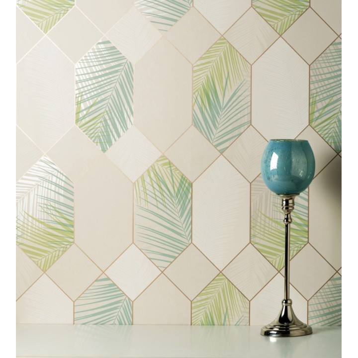 Papel pintado geométrico de hojas tropicales con líneas metalizado estilo Art Decó - Tropical Hive 681283