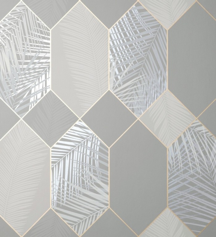 Papel pintado geométrico de hojas tropicales con líneas metalizado estilo Art Decó - Tropical Hive 681284