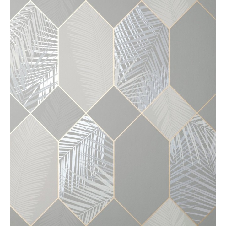 Papel pintado geométrico de hojas tropicales con líneas metalizado estilo Art Decó - Tropical Hive 681284
