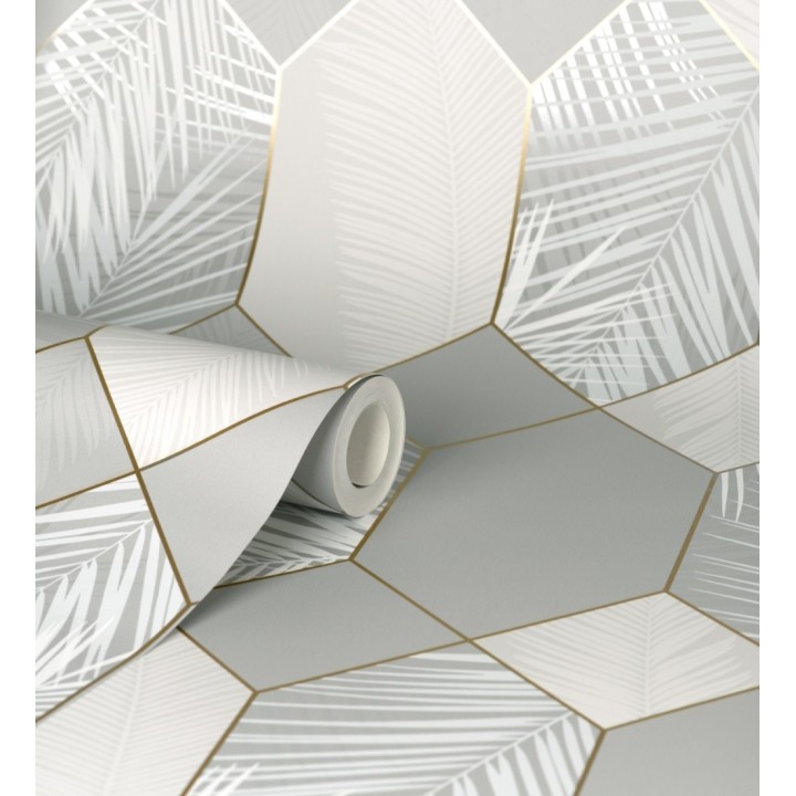 Papel pintado geométrico de hojas tropicales con líneas metalizado estilo Art Decó - Tropical Hive 681284