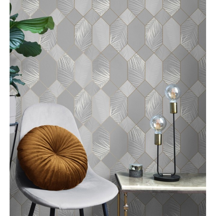 Papel pintado geométrico de hojas tropicales con líneas metalizado estilo Art Decó - Tropical Hive 681284