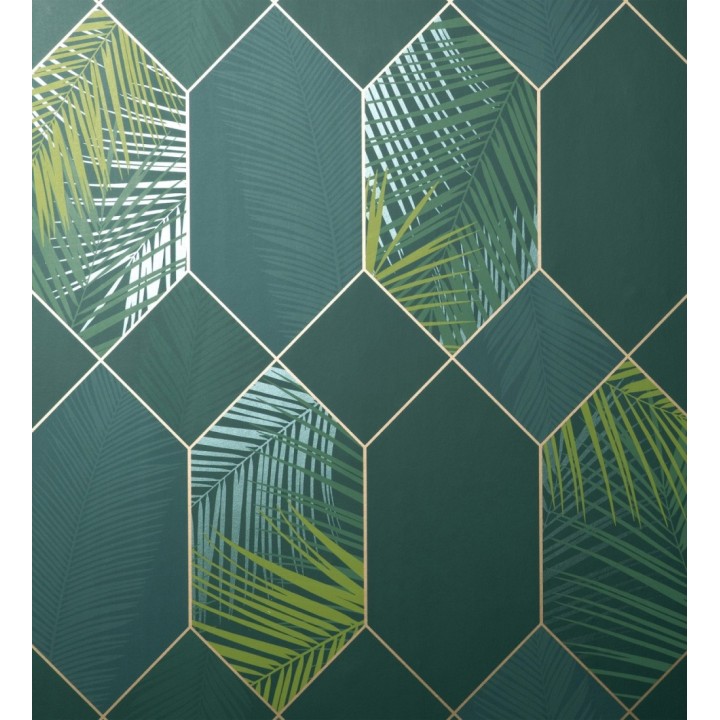 Papel pintado geométrico de hojas tropicales con líneas metalizado estilo Art Decó - Tropical Hive 681285