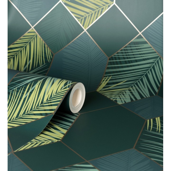 Papel pintado geométrico de hojas tropicales con líneas metalizado estilo Art Decó - Tropical Hive 681285